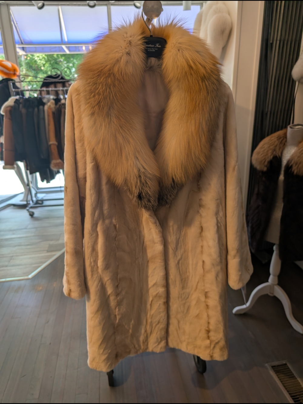 Cream Mink Fur Pea Coat with Tan Fox Collar